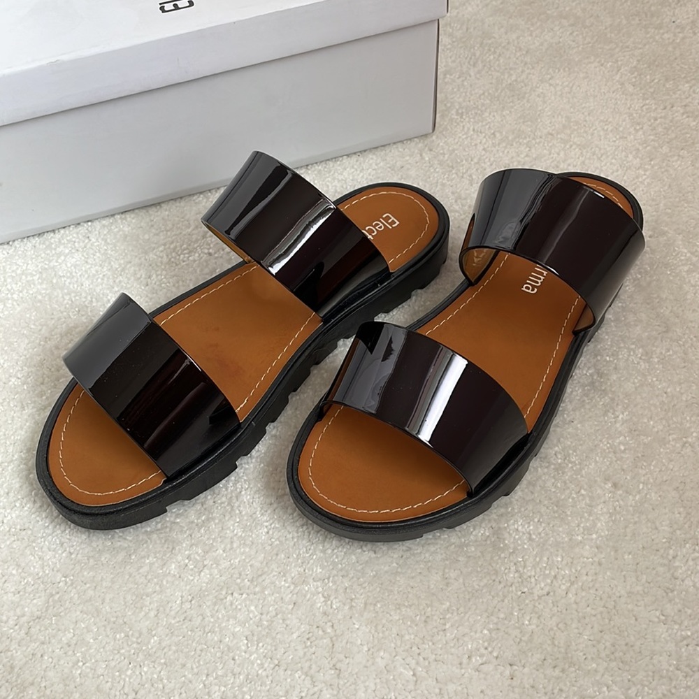 Electric Karma Shiny Black Chunky Two Strap Slide Sandal
